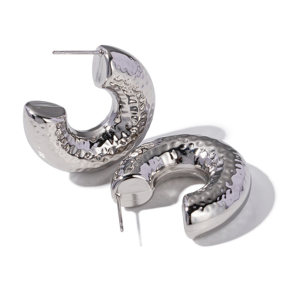 5pcs Geometric Premium Touch Steel Color Stainless Steel Chubby C-Shaped Hammer Design Earrings Jewelry Women