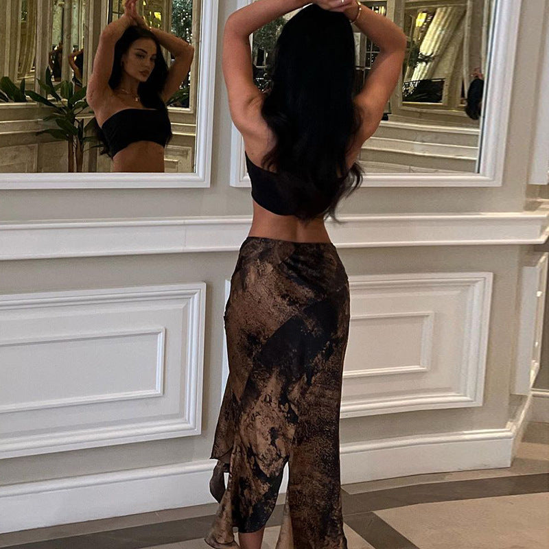 Holiday Style Vintage Print Ruffled Irregular Lace-Up Skirt Spice Girl Fashion Sexy Hip Lift Skirt
