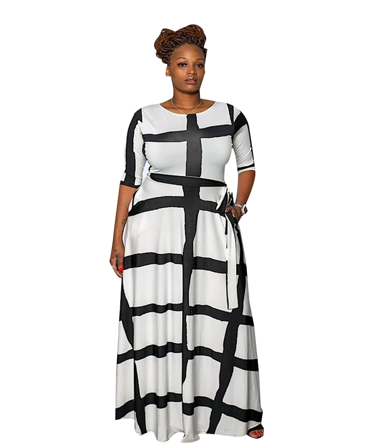 Plus-Size Women's Clothing Fashion Striped Positioning Printed Five-Quarter Sleeve Dress