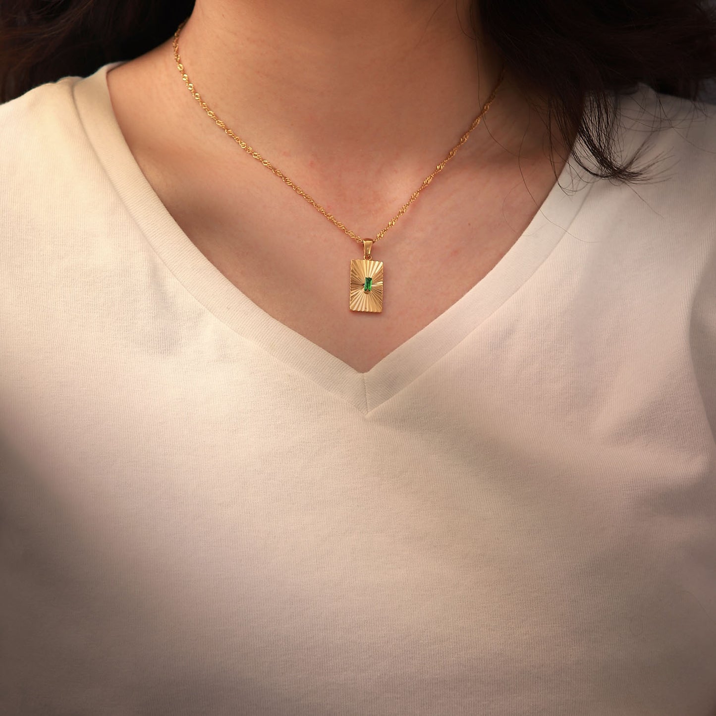 5pcs Vintage Emerald Zircon Mosaic Split Flower Rectangular Pendant Necklace 18K Gold Stainless Steel Collar Female
