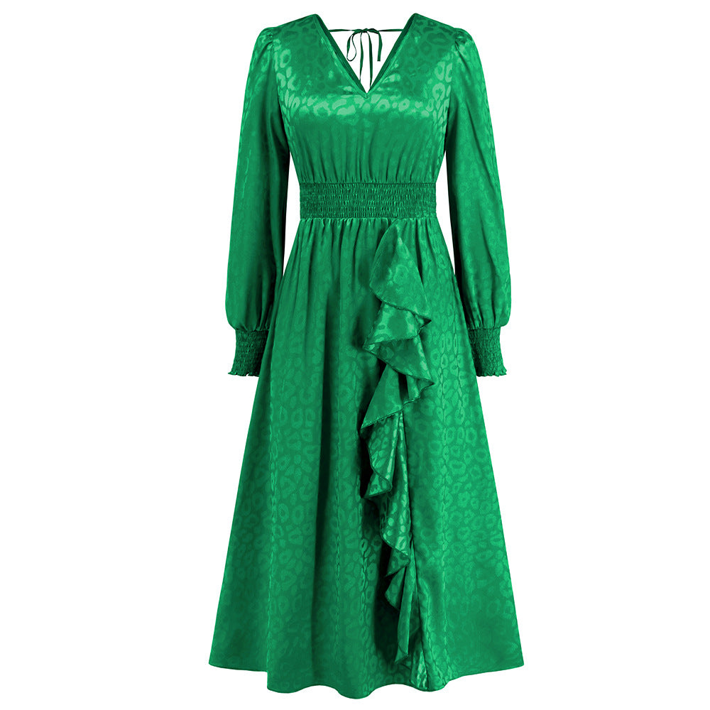 Women's Dress Autumn And Winter V-Neck Long Sleeve Leopard Dress Big Size