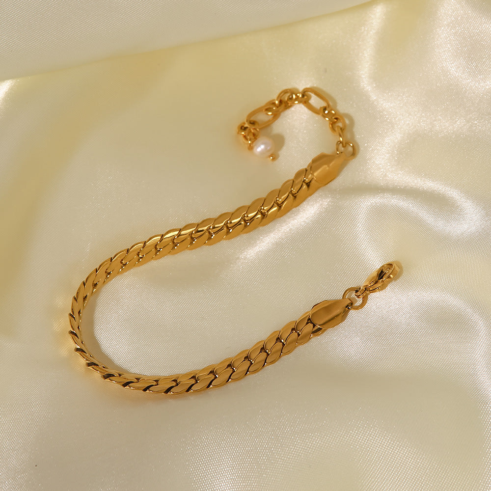5pcs Simple Pearl Charm Bracelet Women's Jewelry 18K Gold Stainless Steel With Flat Punk Thick Border Cuban Chain Bracelet