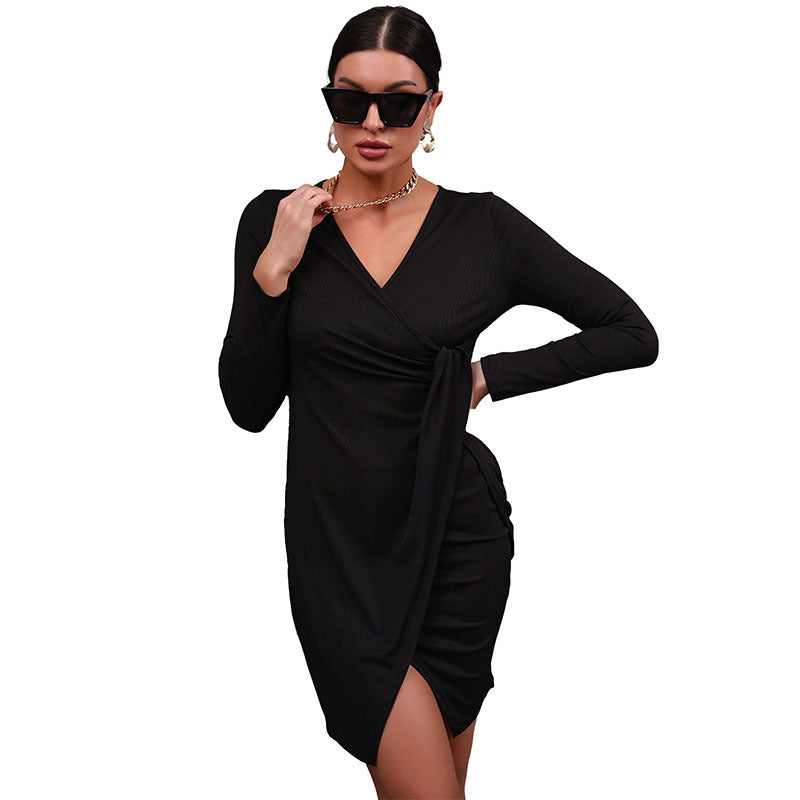 Fashion Women's Black V-Neck Slim-Fit Long-Sleeved Dress Female Match