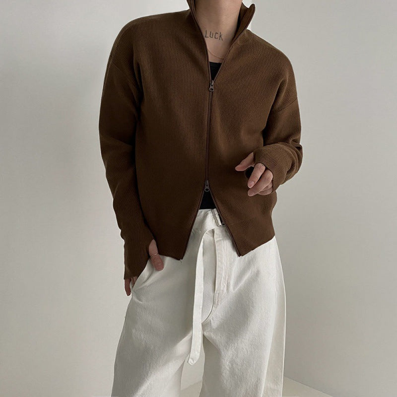 Zipper Knit Cardigan Jacket Men's Autumn Version Of Loose Stand Collar Lazy Half Turtleneck Sweater