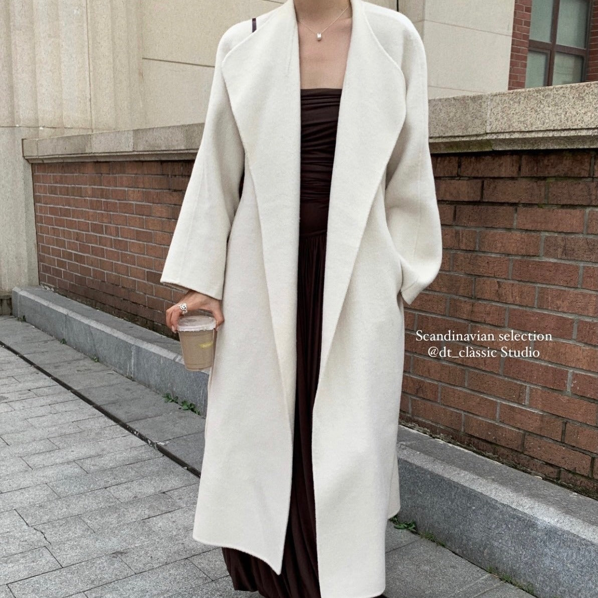 Autumn And Winter New Square Collar Plus Long Loose Bathrobe-Type Tie Long Wool Double-Sided Wool Coat For Women