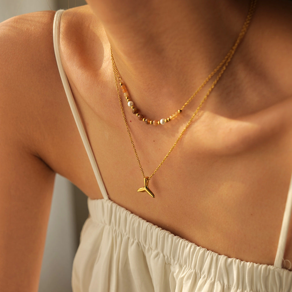 5pcs 18K Gold Stainless Steel Double Fishtail Pendant Necklace Does Not Fade Fashionable Accessories