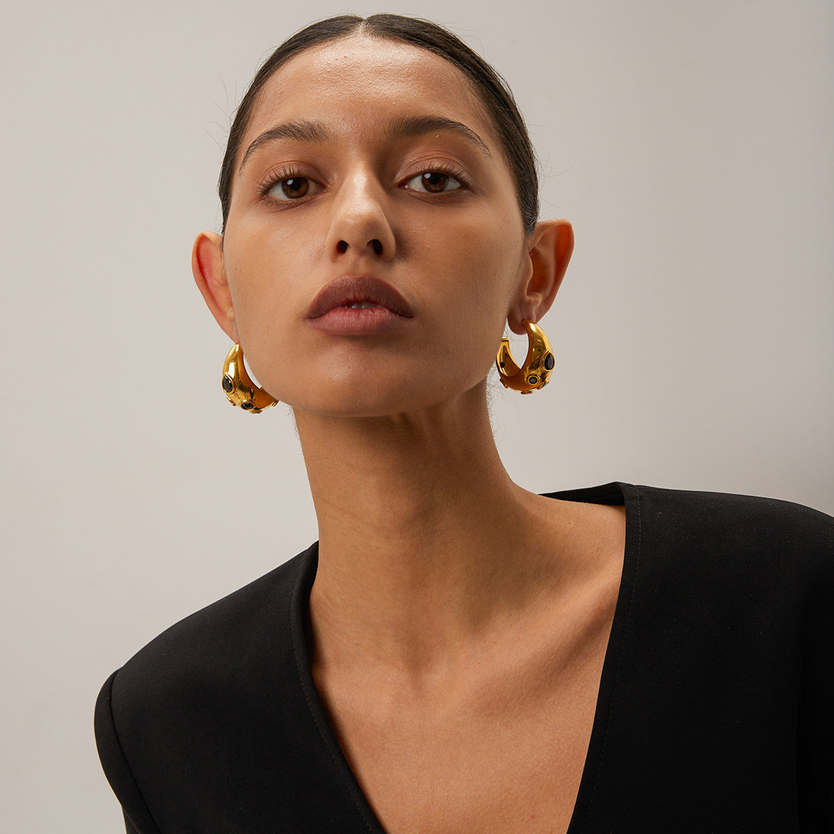 5pcs 18K Gold Black Zircon Moon Earrings Advanced Design Sense Does Not Fade Jewelry
