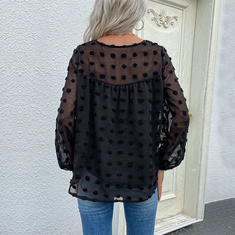 Long Sleeve V-Neck Black Chiffon Shirt Hairball Jacquard Jumper New