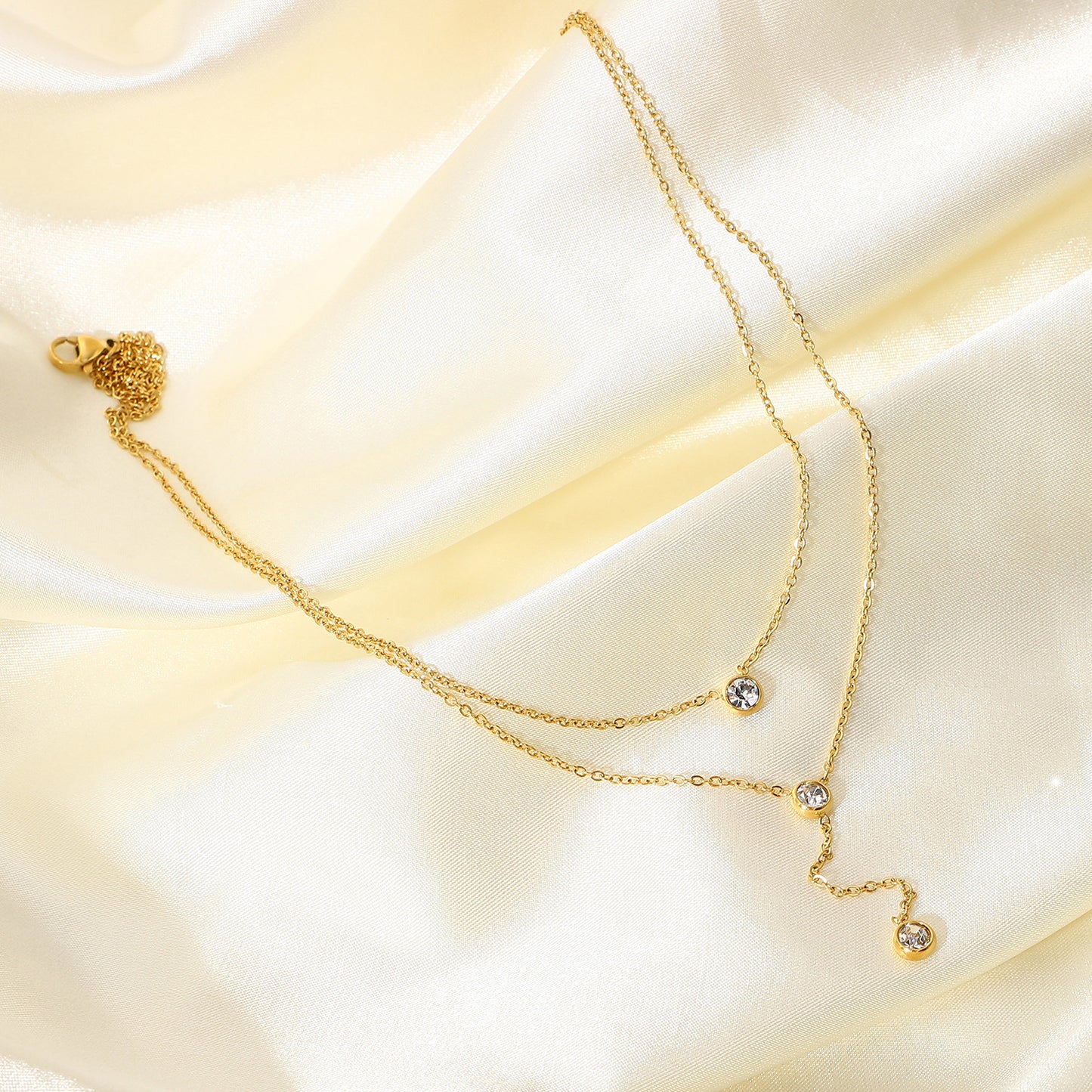 5pcs 18K Gold Stainless Steel Y-Shaped Delicate Chain Jewelry Double Shiny Drop Zircon Necklace For Women