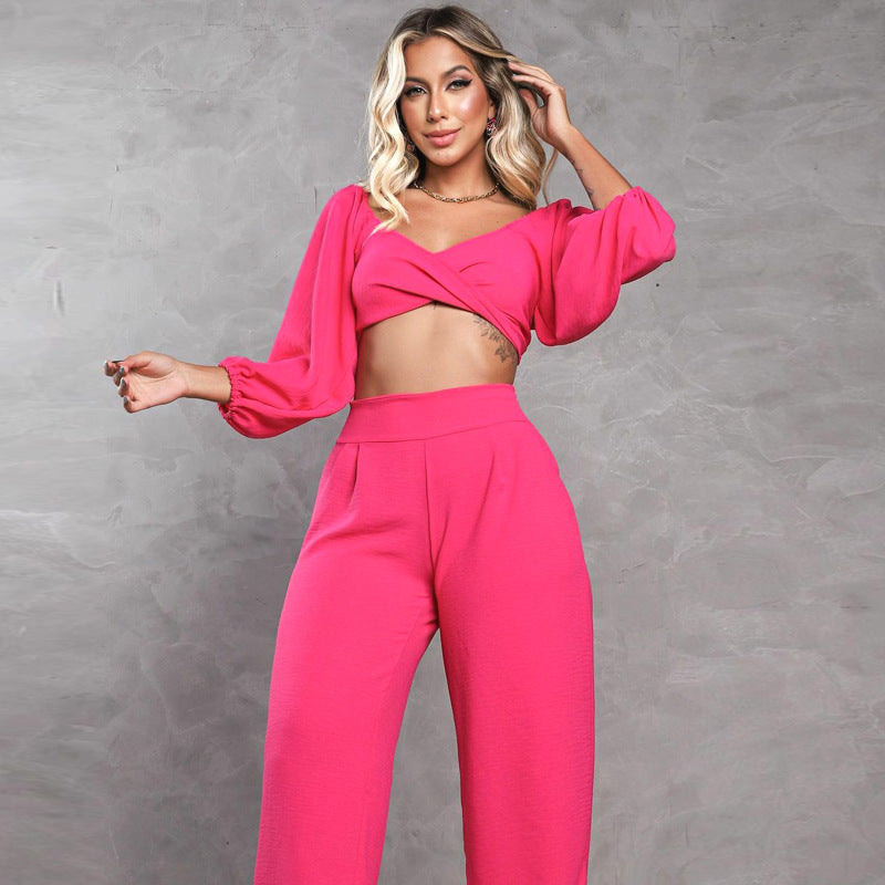 Sexy Fashion Casual Suit Solid Color Loose Spring Summer Lantern Sleeve New Trousers Two-Piece Set