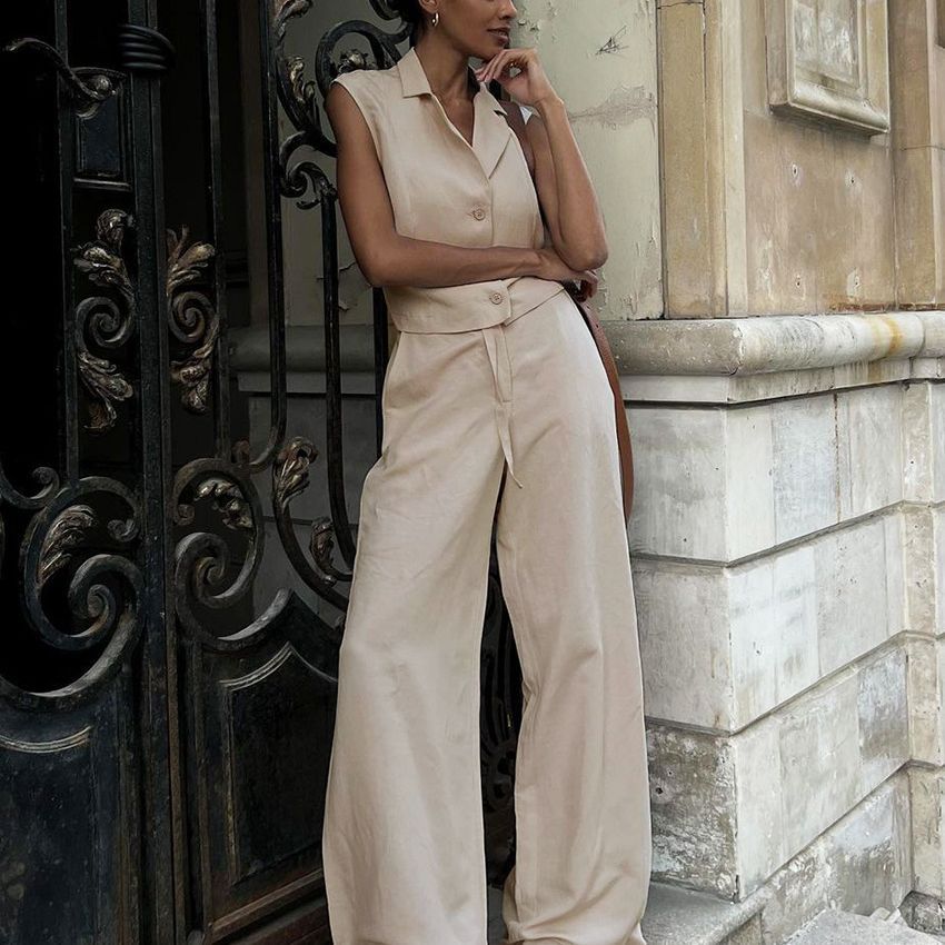 Cotton And Linen Vest Set Summer Casual Cotton And Linen Vest Single Breasted Waistcoat + Trousers Set