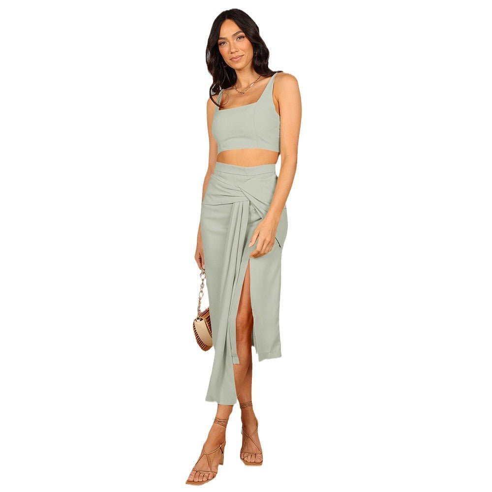 Elegant Two-Piece Solid Color Halter Top Sexy Split Skirt Fashion Suit For Women