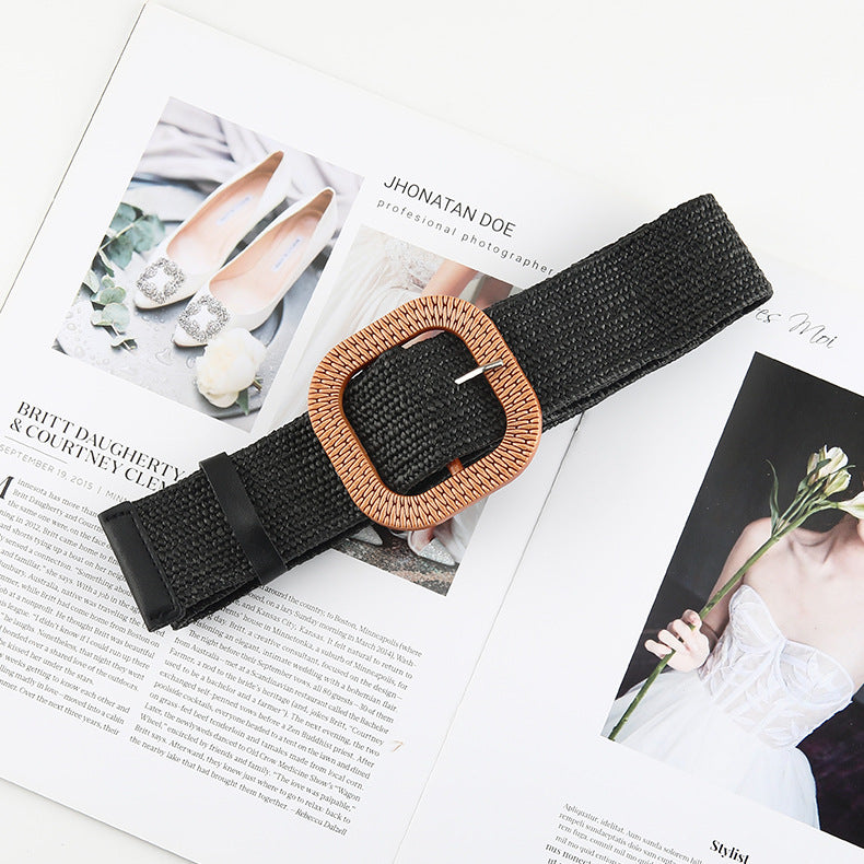 Cotton Hemp Wind Pp Grass Woven Belt For Women Round Square Buckle Dress Gown Decoration Belt