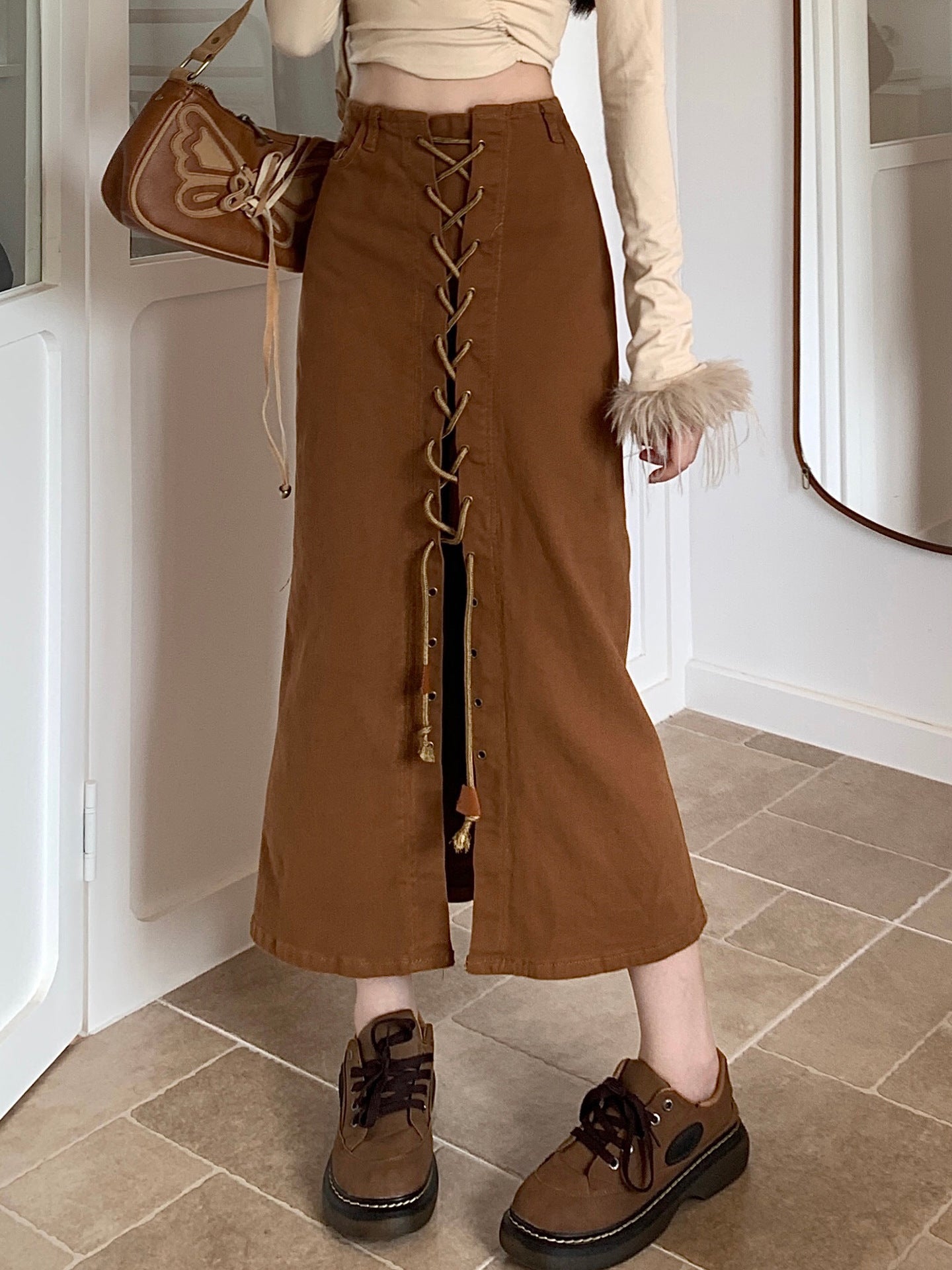 Big Size Fat Mm Retro Brown Denim Skirt Female Autumn New Spice Girl Strap Design Feeling Wrapped Hip Skirt