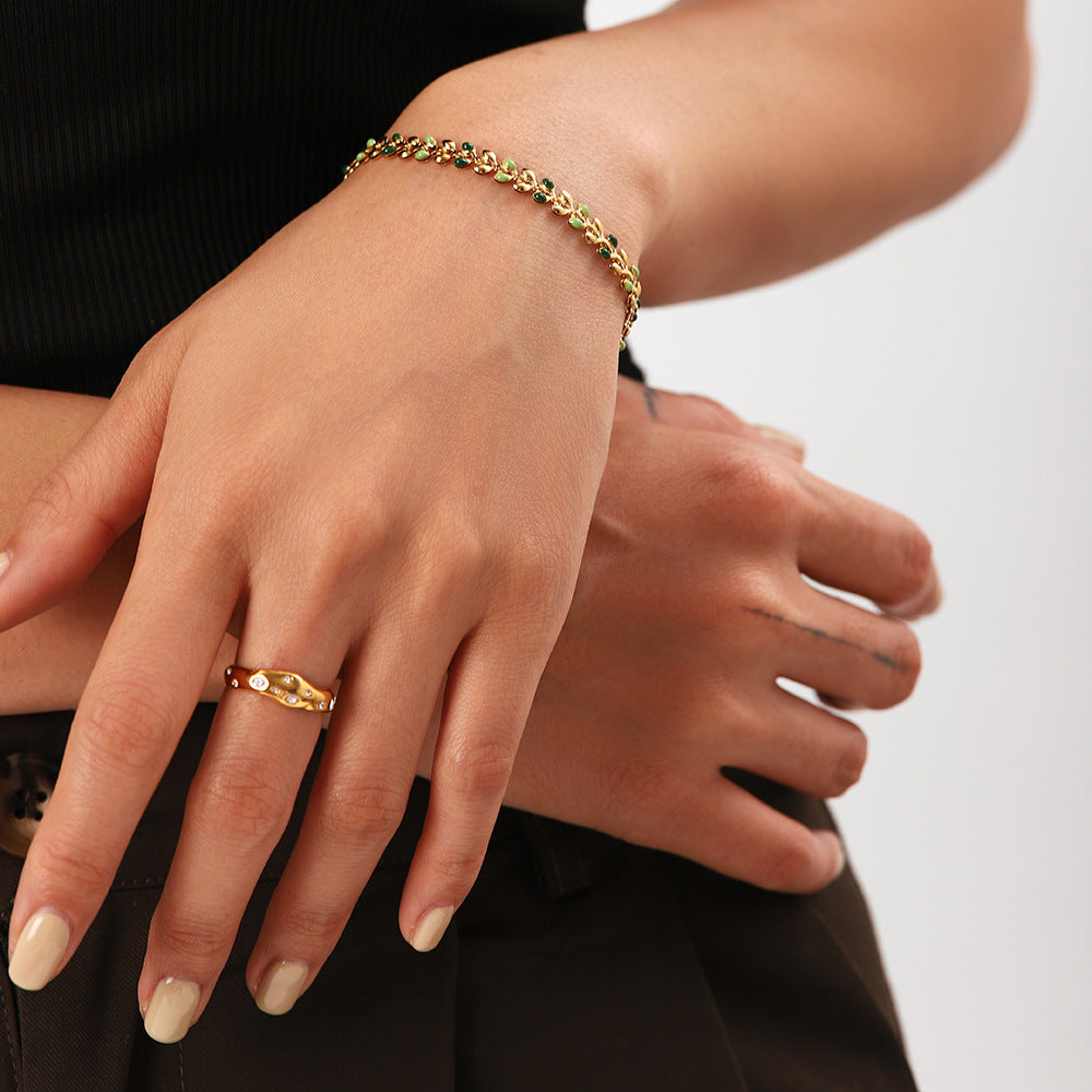 5pcs Women's New Bracelet 18K Gold Green Dripping Olive Leaf Stainless Steel Fashion Bracelet Jewelry
