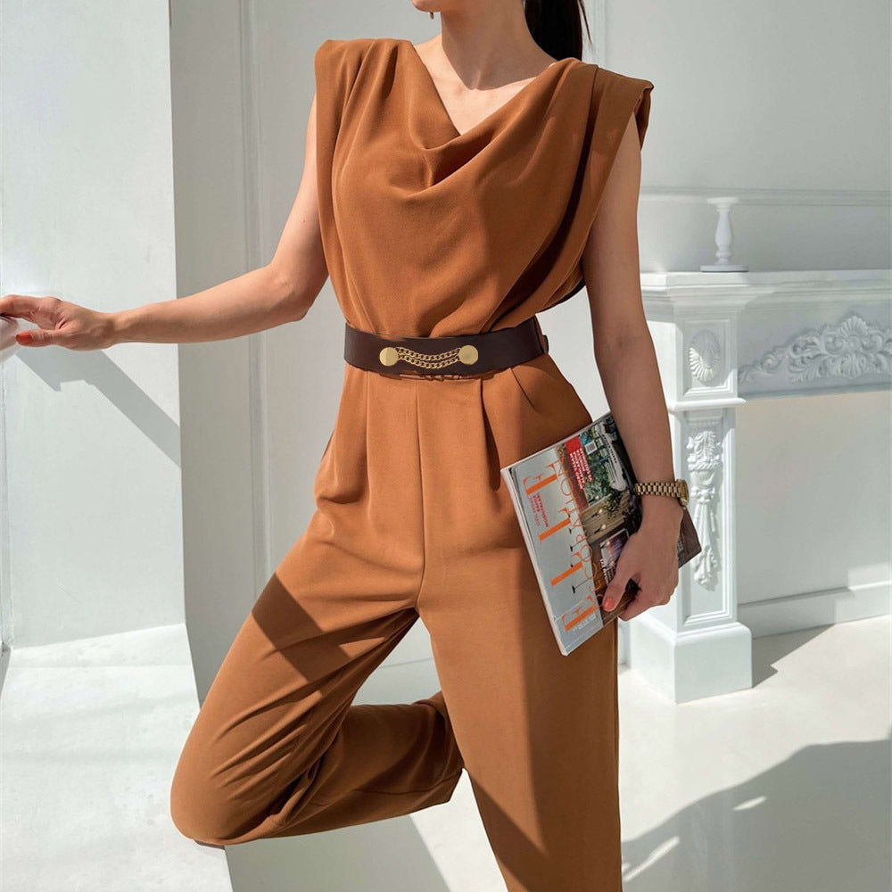 Summer New Fashion Commuter Jumpsuit Women's Crew Neck Shoulder Pad Sleeveless Waist Waist Rompers For Women