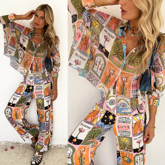 Autumn And Winter New Batsleeve Printed Loose Suit Casual Home Trousers Two-Piece Set