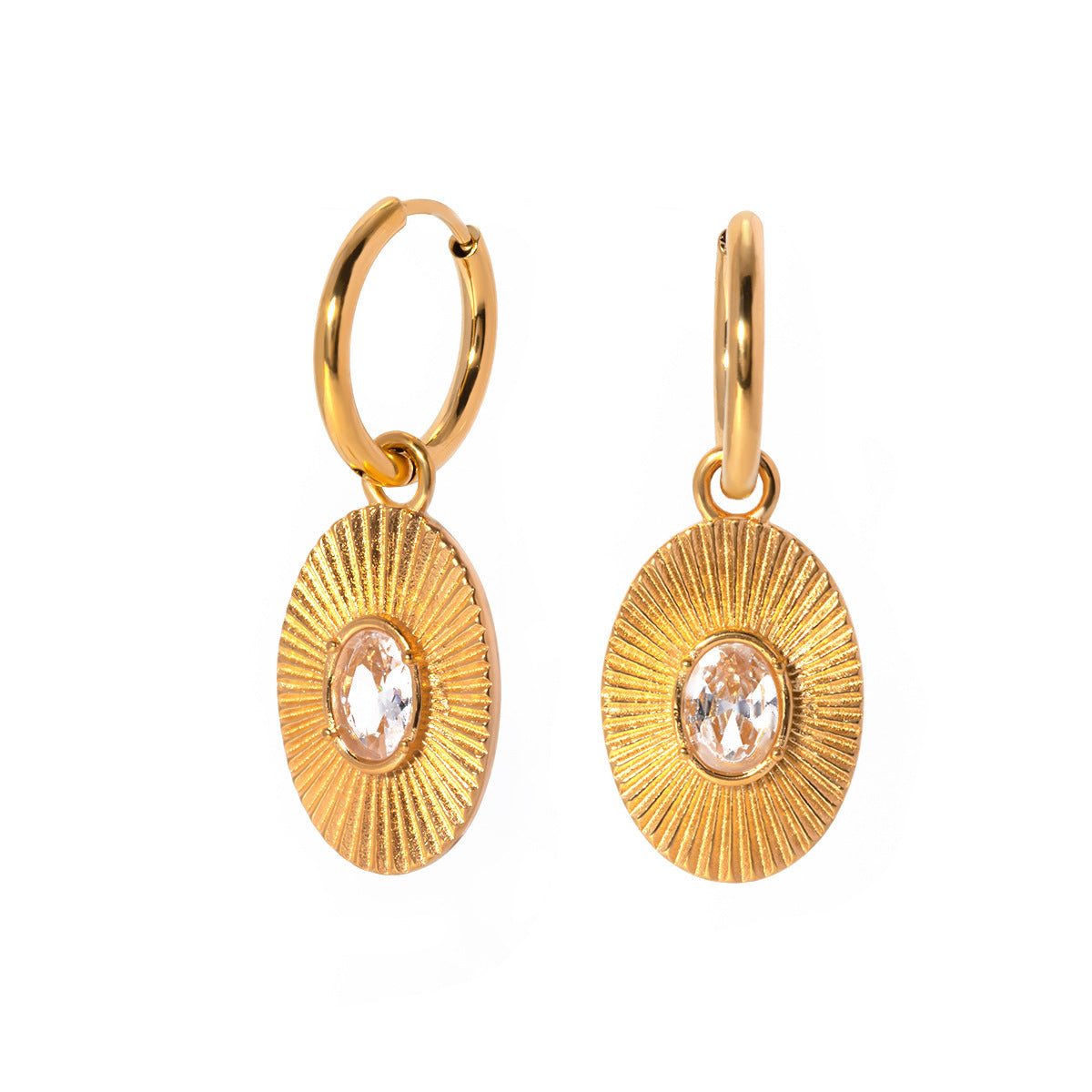 5pcs Elegant Vintage 18K Gold Stainless Steel Set Diamond White Diamond Oval Coin Pendant Earrings Jewelry Women