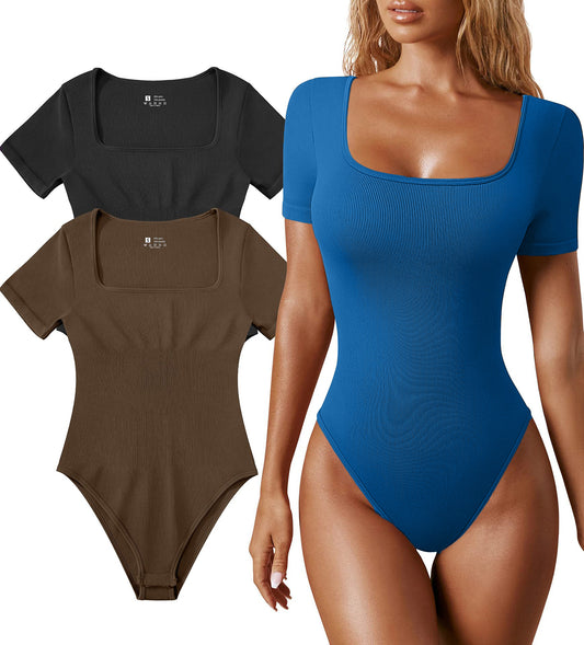 New Seamless Thread Sexy Square Collar Short Sleeve Bodysuit Shapewear Solid Color Sports Yoga Wear