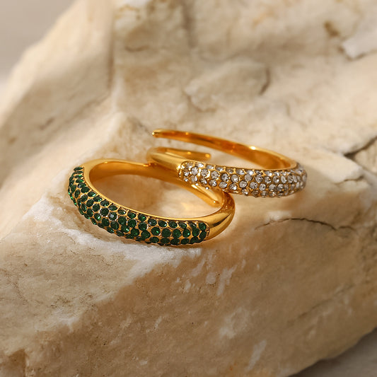 5pcs Titanium Steel Ring 18K Gold Plated Stainless Steel White Green Zircon Ring Women's Fashion All-Match Ring Jewelry