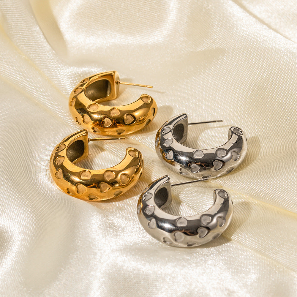 5pcs 18K Pure Gold Stainless Steel Thick Cylindrical Hollow Love Earrings Do Not Fade Jewelry