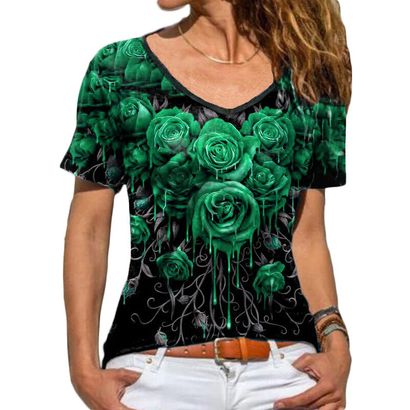 Summer New Women's New Short Sleeve Rose Print T-Shirt Woman