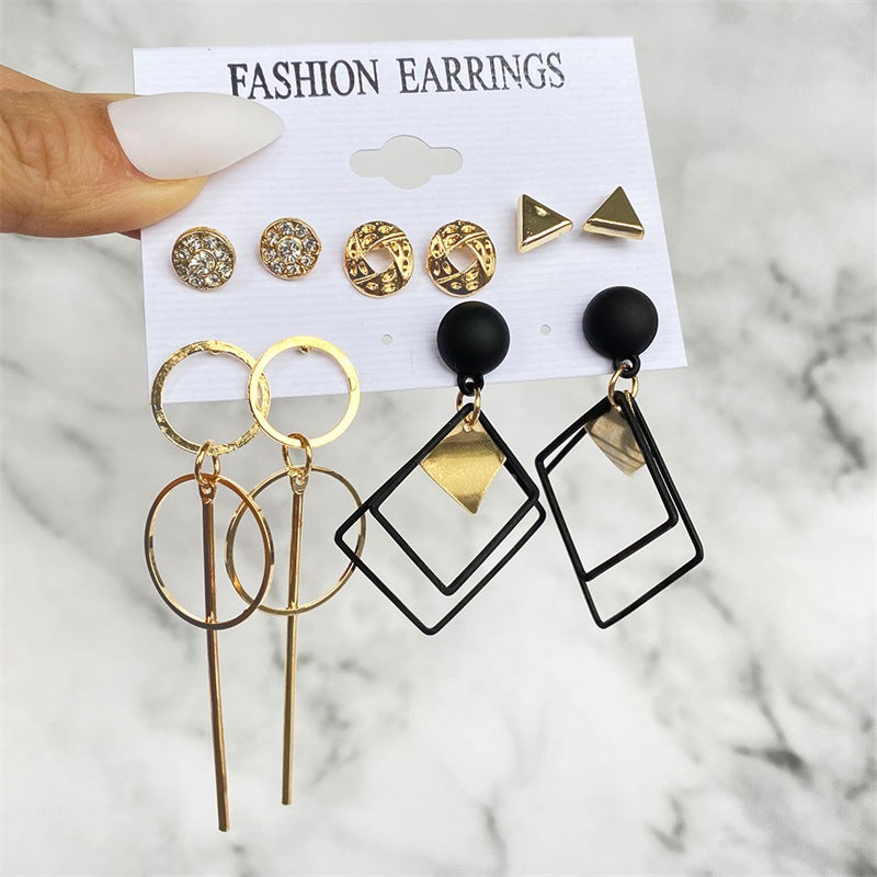 5 Sets New Retro Style Geometric Earrings 6 pairs Set Female Niche High-Grade Metal Stud Jewelry Set