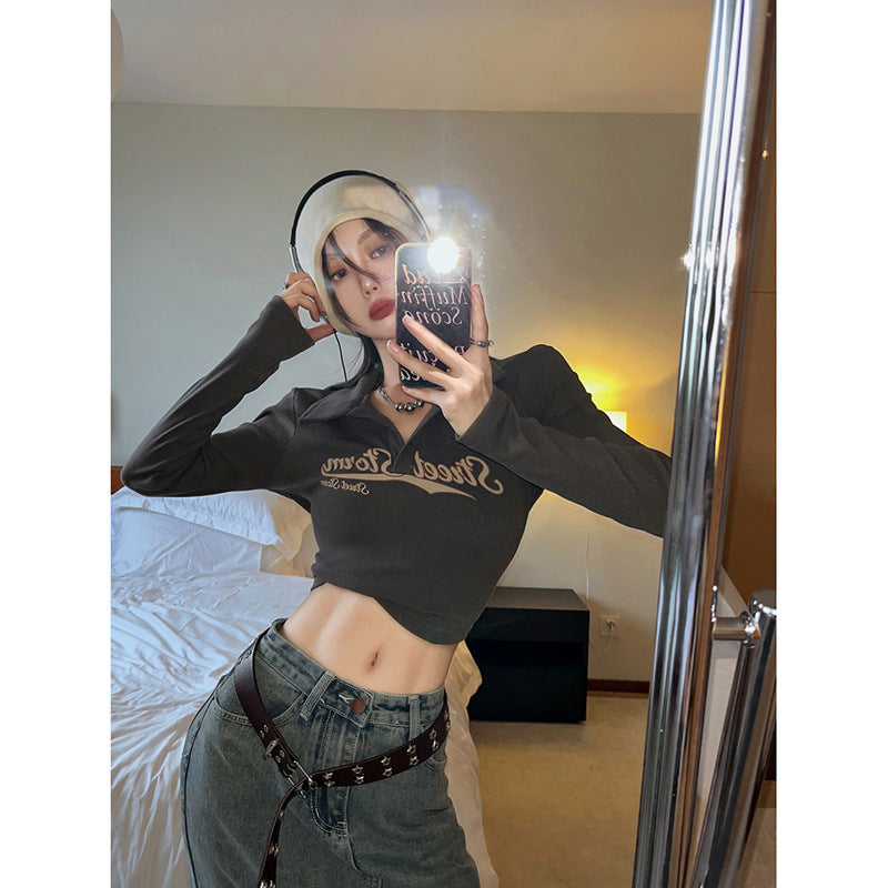 Retro Skinny Spice Girl T-Shirt Female Autumn Long Sleeve With Short Slim-Fit Base Shirt Early Autumn Chic Top