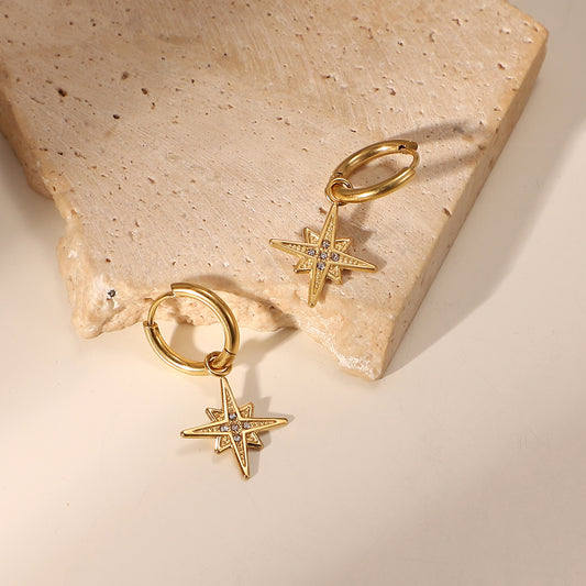 5pcs Creative Stainless Steel Jewelry Pendant With 14K Gold Octet Star Set With Five Zircon Earrings Earrings Girl