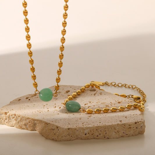 5pcs Retro Hand Jewelry Light Luxury Senior Sense Bracelet Women Green Natural Stone Oval Gold Bean Bracelet/Necklace