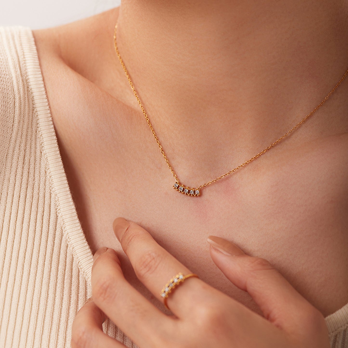 5pcs New Titanium Steel Fine Necklace Women's Fashion All-Matching Collar 18K Gold Inlaid Round Row White Zirconium Necklace
