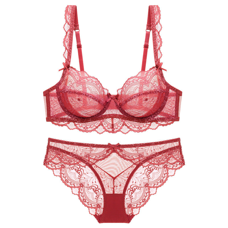 Sexy Underwear Women Ultra Thin Hollow No Sponge Transparent Lace Underwear Big Breasts Small Big Size Bra Set