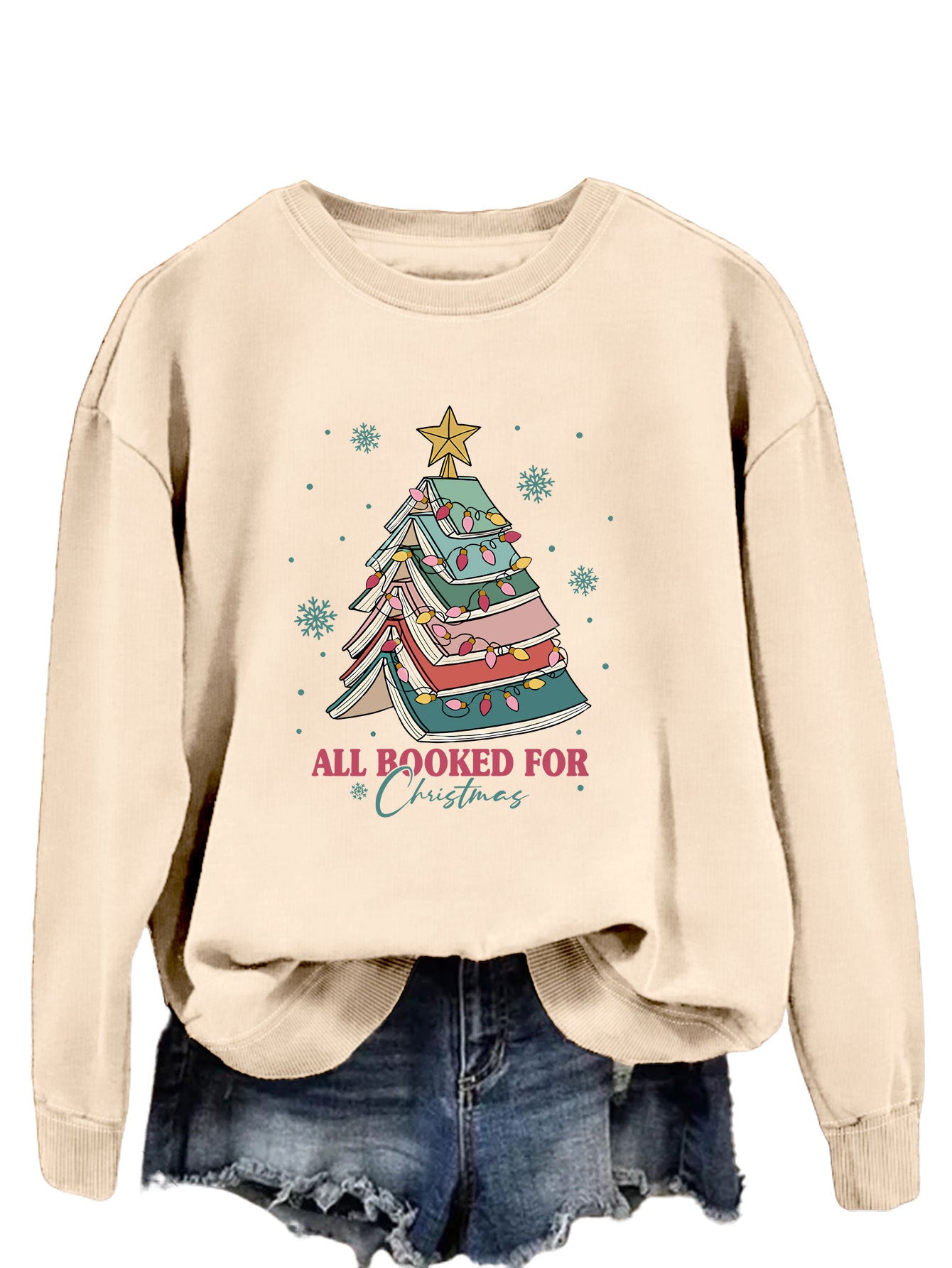 All Booked For Christmas Letters Fun Printed Casual Crew-Neck Hoodie