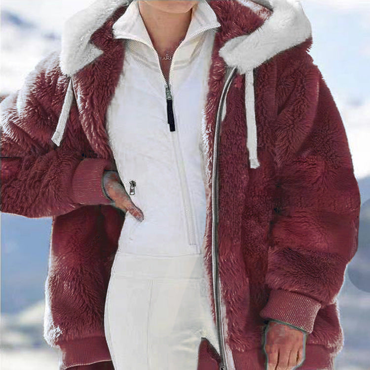 Hot New Fall/Winter Plush Zipper Hooded Coat Lady