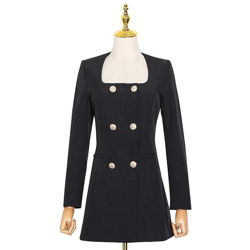 Spring New Fashion Retro Square Collar Long Sleeve Double Breasted Design Suit Slimming Suit Dress