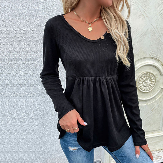 New Autumn  Women's Black V-Neck Button Draw Pleated Bottom Knit Pullover
