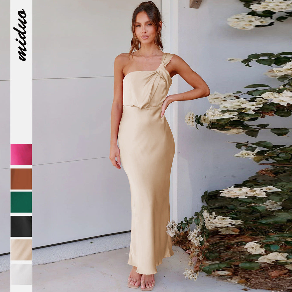 New Acetic Women's Elegant One-Shoulder Satin Toasting Dress Bridesmaid Dress Slim Dress