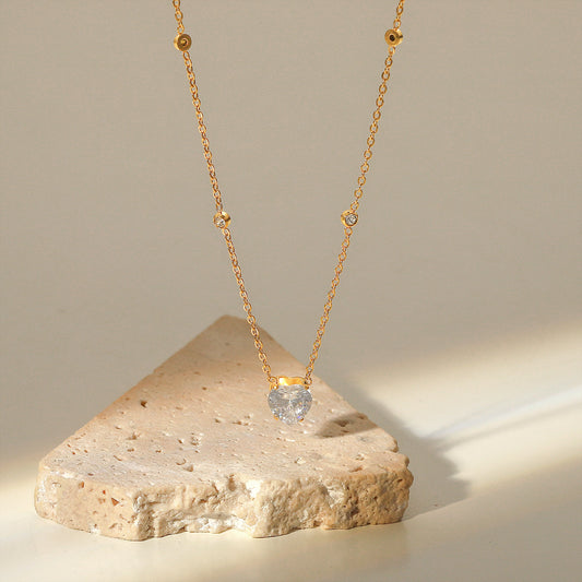 5pcs 18K Gold-Plated Stainless Steel Necklace White Heart-Shaped Zircon Necklace Ladies Temperament Jewelry With A Of Necklaces