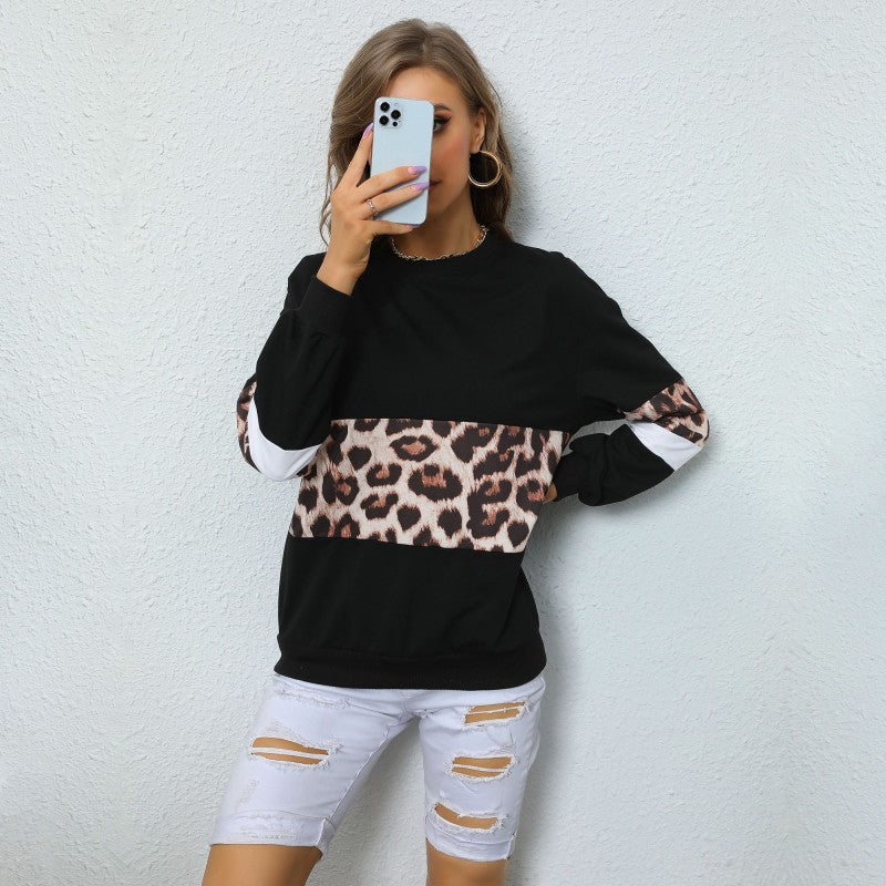 Casual Mid-Length Leopard Print Long-Sleeve Hoodie for Women