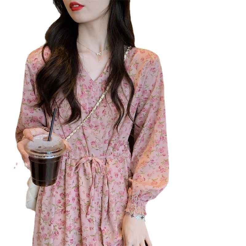 Spring Dress New Rose Tea Break Dress Flower Yao Print Temperament V-Neck Long Floral Dress Female