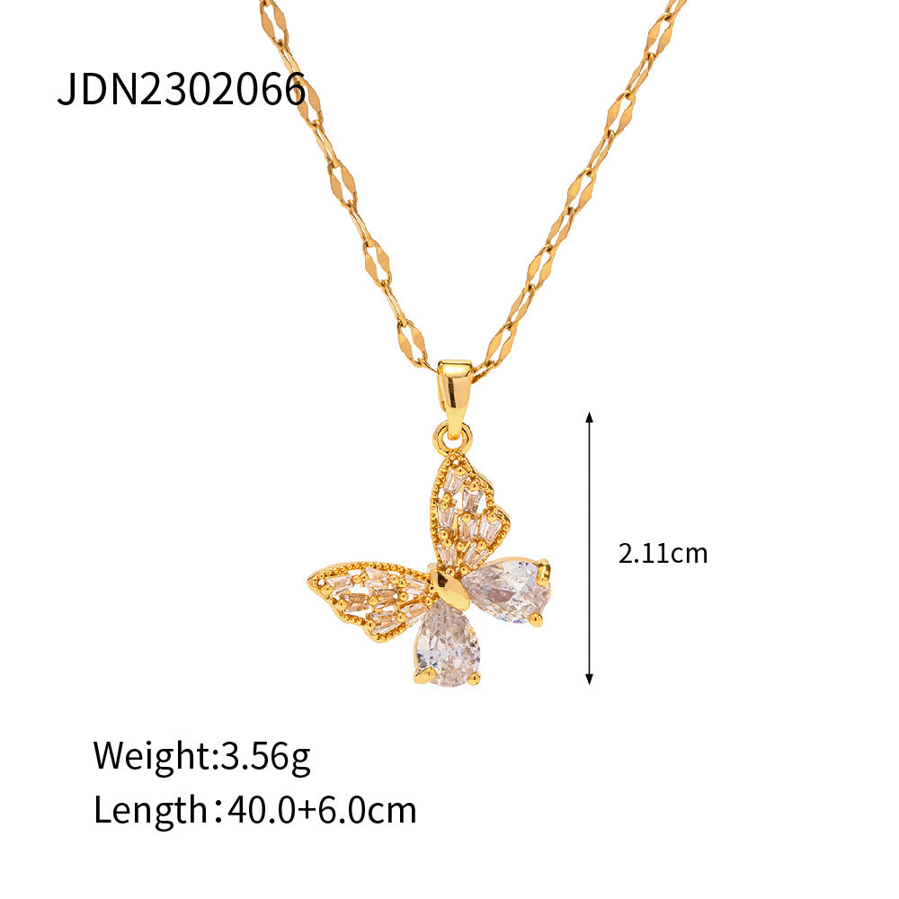 5pcs 18K Gold Stainless Steel Inset White Zircon Butterfly Pendant Necklace Does Not Fade A Niche Jewelry
