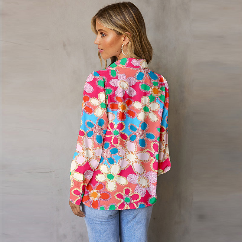 Autumn New Multi-Color Bubble Sleeve Shirt Women Thin Loose Flower Print Long Sleeve Blouse Women