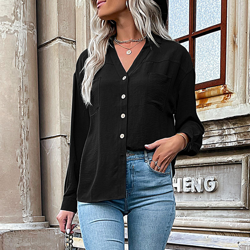 New Autumn New Women's Lapel Solid Color Shirt