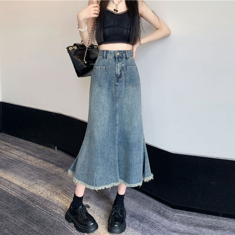 High Waist Raw Edge Fringe Fishtail Denim Skirt Women A Line Loose Casual Slimming Retro Bag Hip Mid-Length Skirt