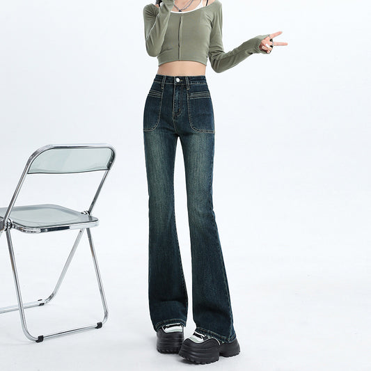 Vintage Micro-Flared Jeans For Women Autumn-Winter High-Waisted Slimming Stretch Spice Mop Horseshoe Pants