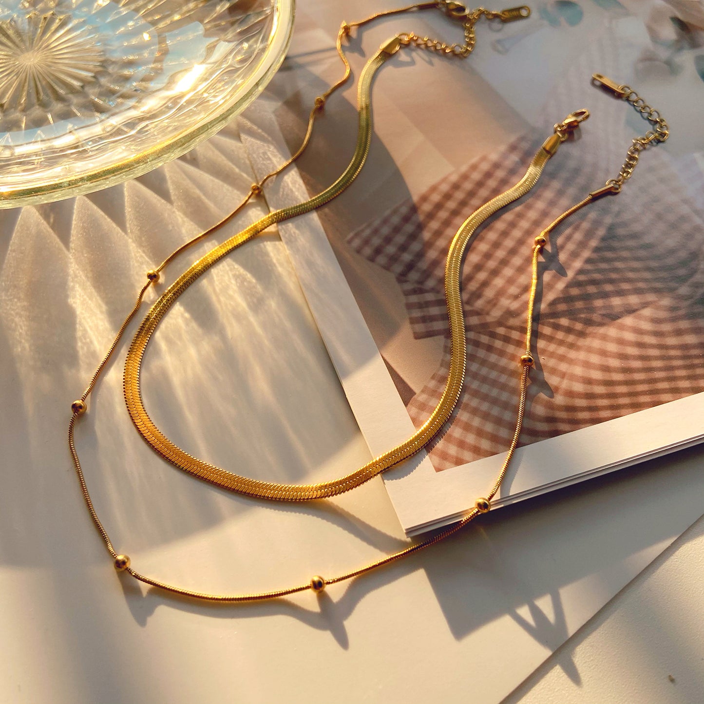 5pcs New Fashion Stack Stainless Steel Collar Necklace 14K Gold Plated Round Bead Chain Jewelry Snake Chain Necklace Women's Style
