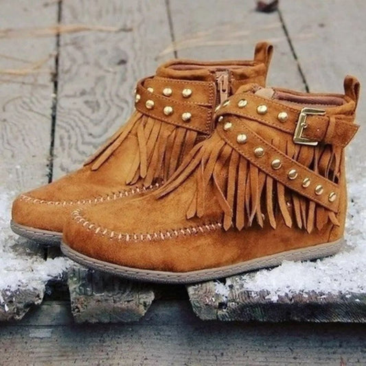 Autumn And Winter Ankle Boots  Tassel Boots Women Flat Buckle Martin Boots Retro Knight Boots Horse Machine