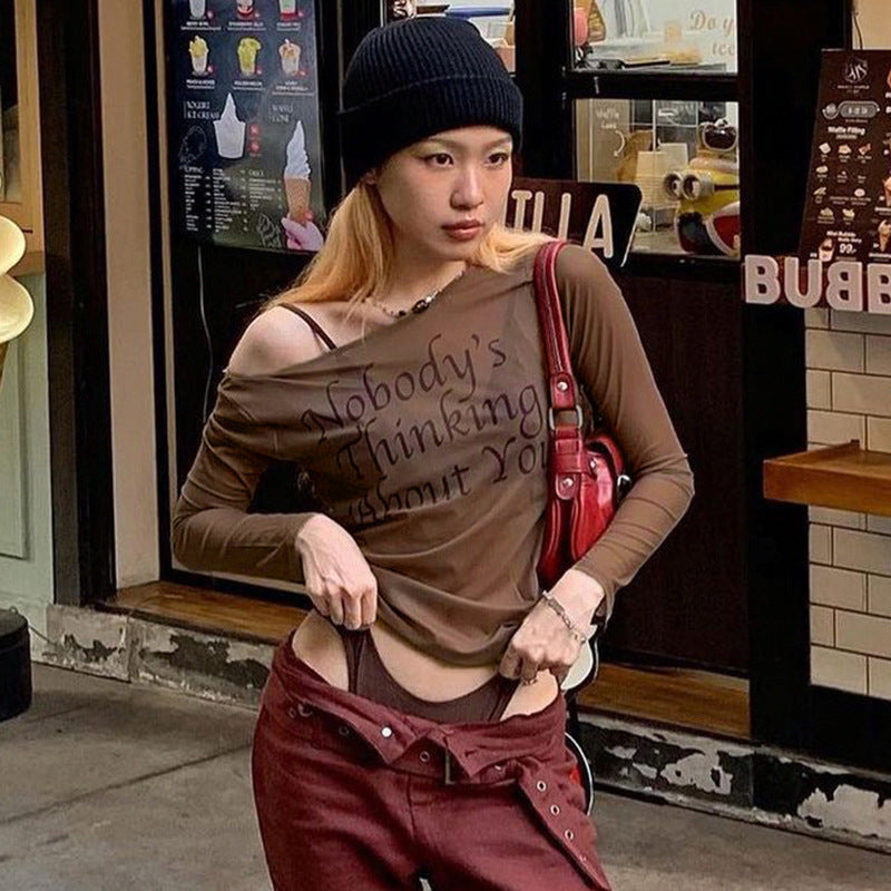 Big Round Neck Perspective Letter Printed Long Sleeve T-Shirt Women Autumn New Retro Slim-Fit Mesh Top