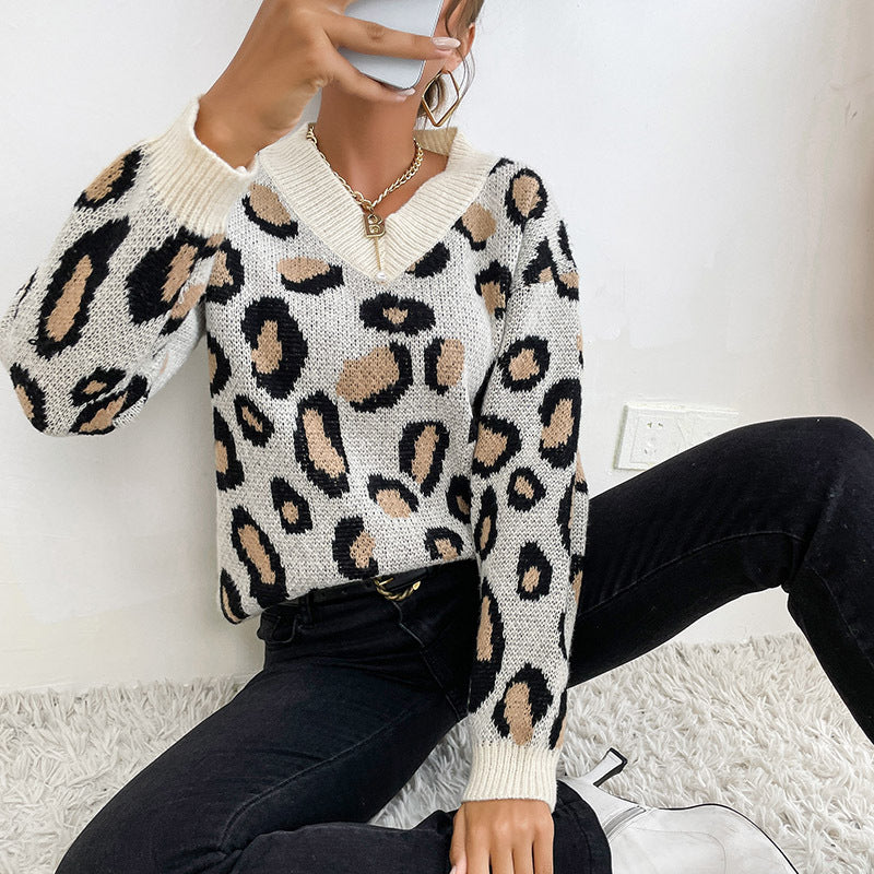 Stylish Leopard Print Knitted Pullover: Women's Autumn & Winter Fashion Sweater