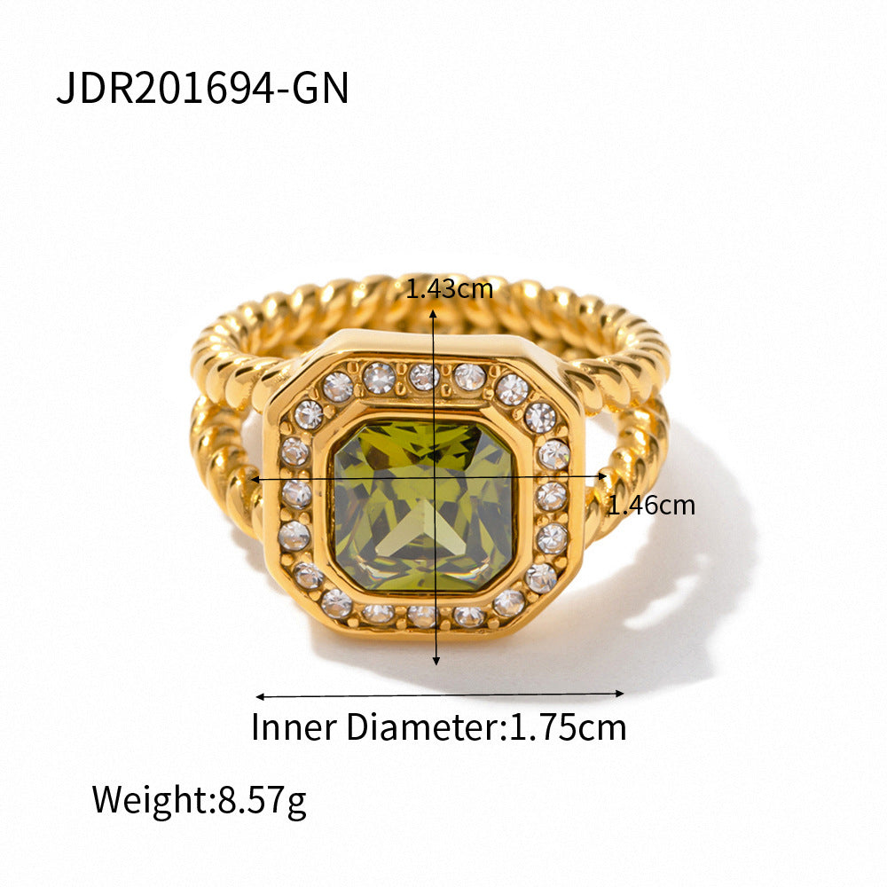 5pcs Niche Design Exaggeration Style 18K Double Octagon Olive Green Zircon Twist Ring Does Not Fade Jewelry